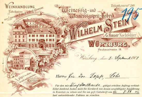 Würzburg - Wilhelm Stein. Weinessig- und Weinessigsprit-Fabrik. 1908