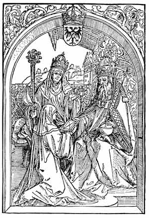 Roswitha überreicht Kaiser Otto dem Großen ihre Werke. Holzschnitt-Illustration von Albrecht Dürer in der ersten gedruckten Roswitha-Werkausgabe von Conrad Celtis aus dem Jahre 1501