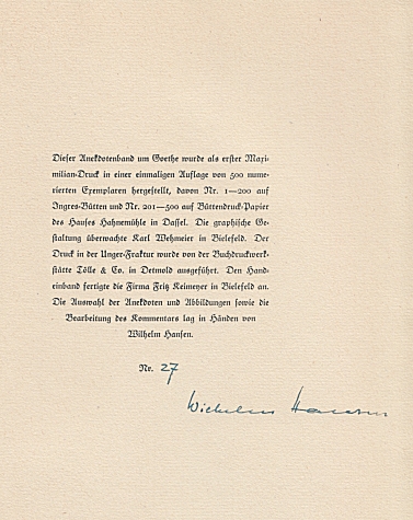 Beispiel einer Herausgeber-Signatur unter der handschriftlichen Nummerierung (Wilhelm hansen (Hrsg.): Anekdoten um Goethe (1947)