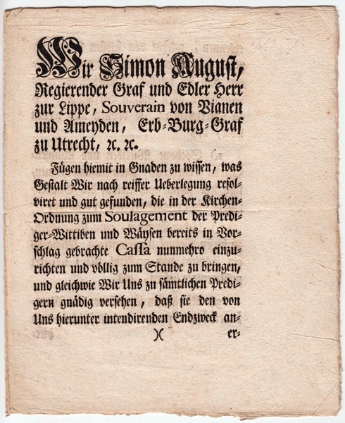 Verordnung vom 12.7.1751 des Lippischen Grafen Simon August - Erste Seite