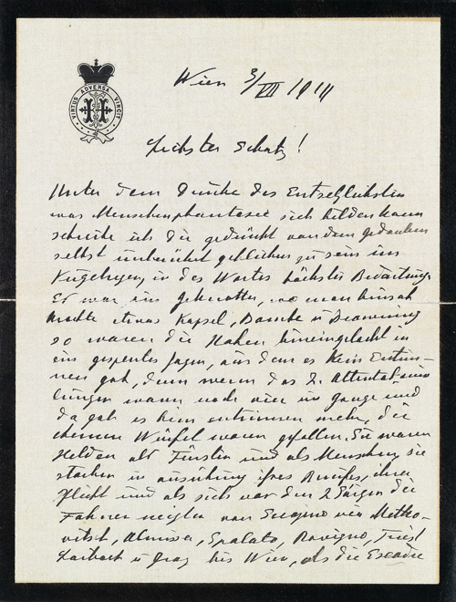 Lot Nr. 33 Franz Ferdinand, Erzherzog von Österreich-Este, Thronfolger, 1863 - 1914. Attentat in Sarajewo am 28. Juni 1914. eigenhändiger Brief mit Unterschrift des Grafen Franz Harrach, Besitzer des Automobils, in dem der Erzherzog und seine Gemahlin ermordet wurden und wichtigster Augenzeuge der Vorgänge vor, während und nach des Attentats; Wien, 3. 7. 1914, 4 Seiten, gepr. Briefkopf (Bekröntes Monogramm mit Devise), Trauerrand  Rufpreis € 3.000  Auktion 2. Juni 2013