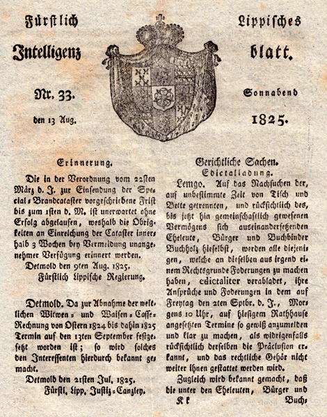 Fürstlich Lippisches Intelligenzblatt Nr. 33 vom 13. August 1825