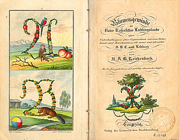 Eines der schönste ABC-Bücher: Blumengewinde in Vater Rosenfelds Lieblingslaube (1830) 